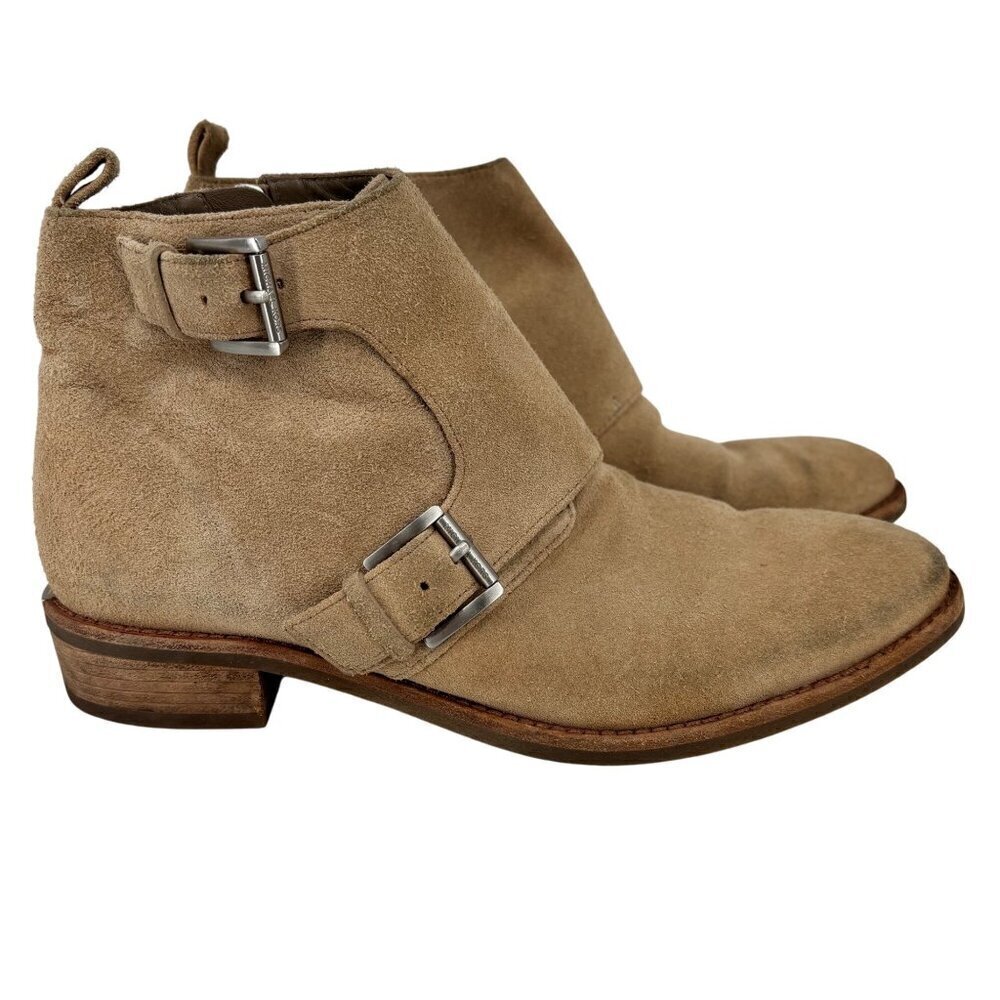 Michael Kors Suede Ankle Boots Size 6.5 Tan Leather Side Zip Block Heel Bootie